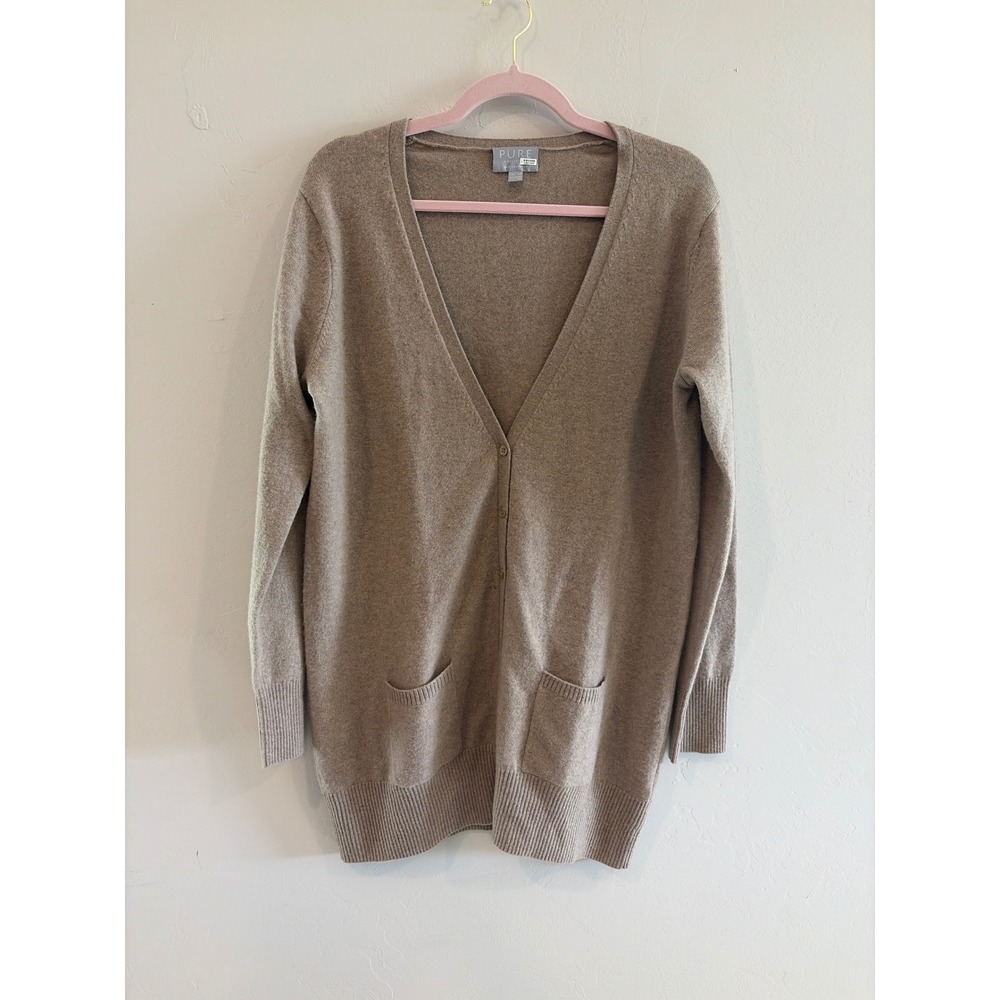 Pure Collection 100% Cashmere Cardigan Sweater Tan Beige V-Neck Longline US 8/10